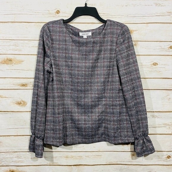 Nine West Tops - Nine West women's round neck long sleeve gray white check dress size M